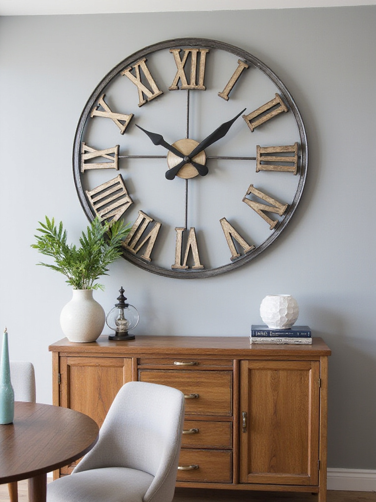 A striking oversized wall clock mounted in a stylish dining room.