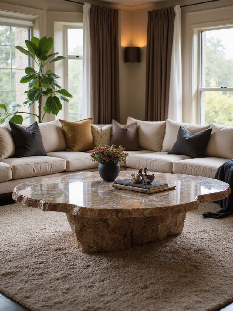 Luxurious living room featuring a statement coffee table as the focal point.