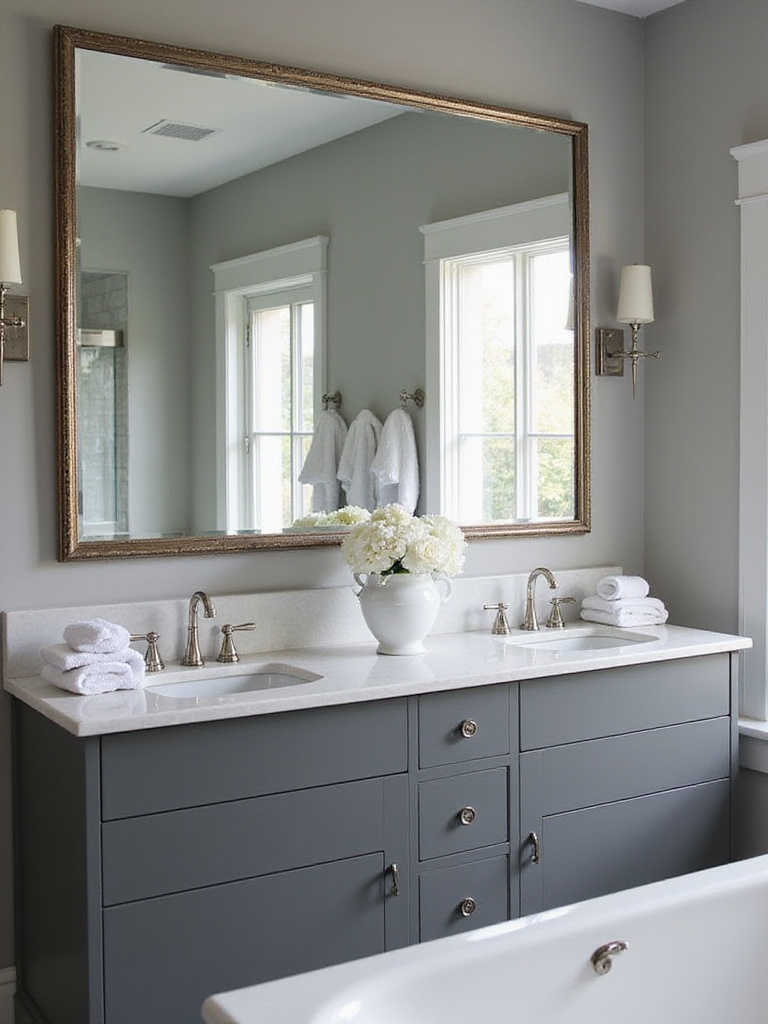Luxurious gray bathroom featuring a large statement mirror reflecting stylish decor.