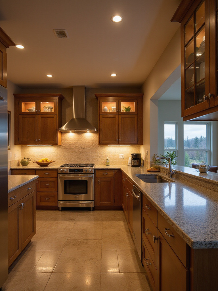 Modern kitchen with layered task and accent lighting showcasing ambiance and functionality.