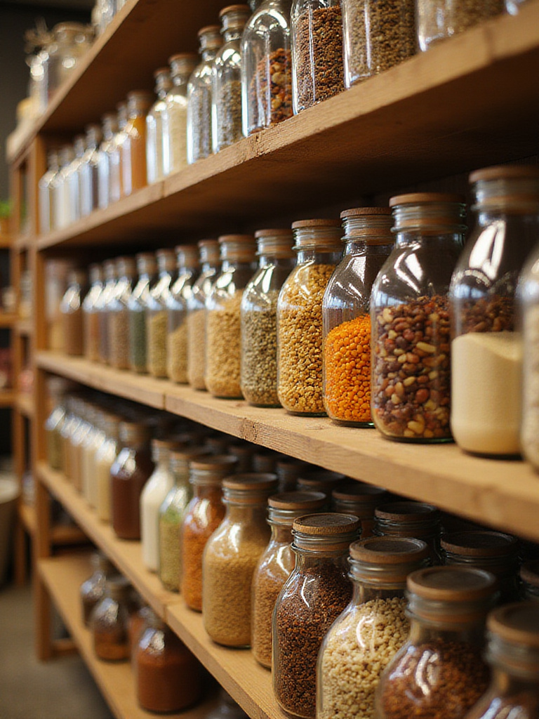 Organized bulk buying section with glass jars filled with dry goods.