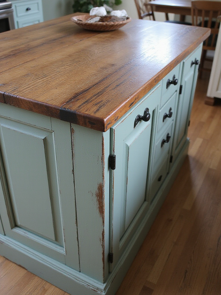 Rustic kitchen island painted sage green with dark glaze, showcasing its detailed wood grain and texture.