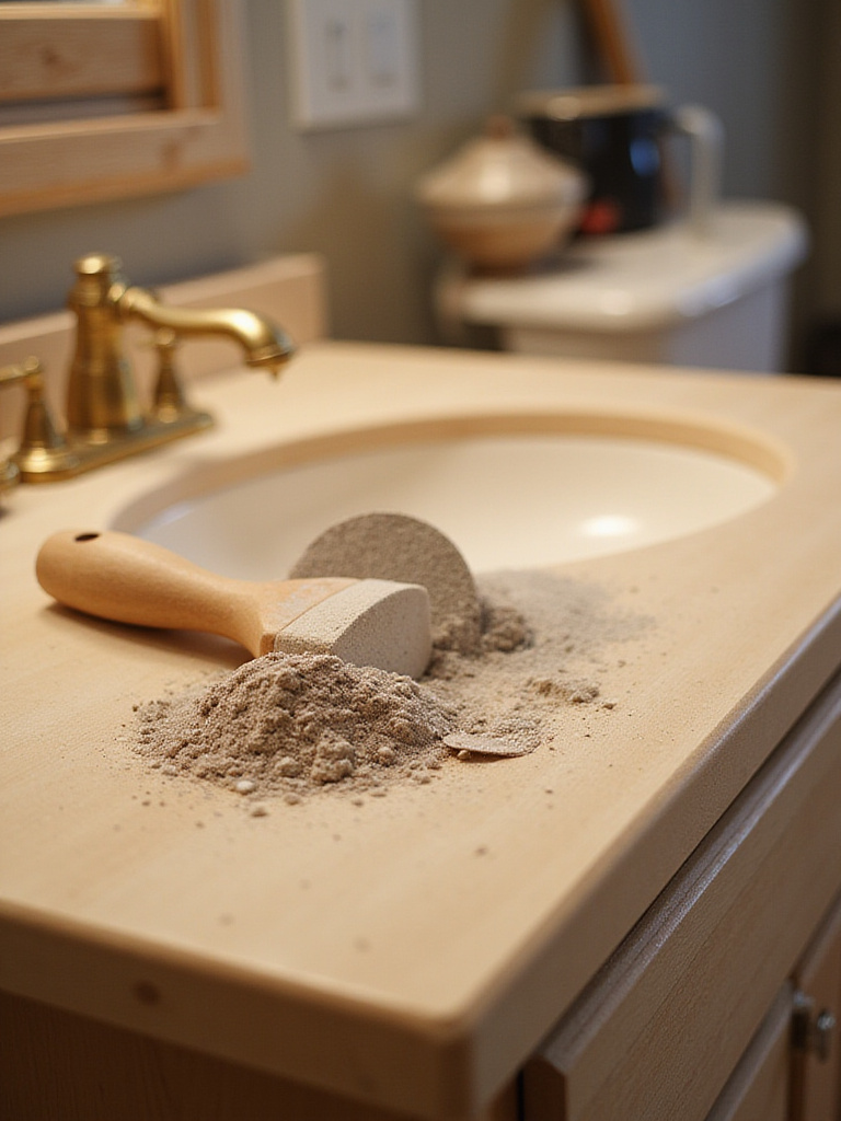 A beautifully sanded bathroom vanity ready for painting, with sandpaper tools displayed.
