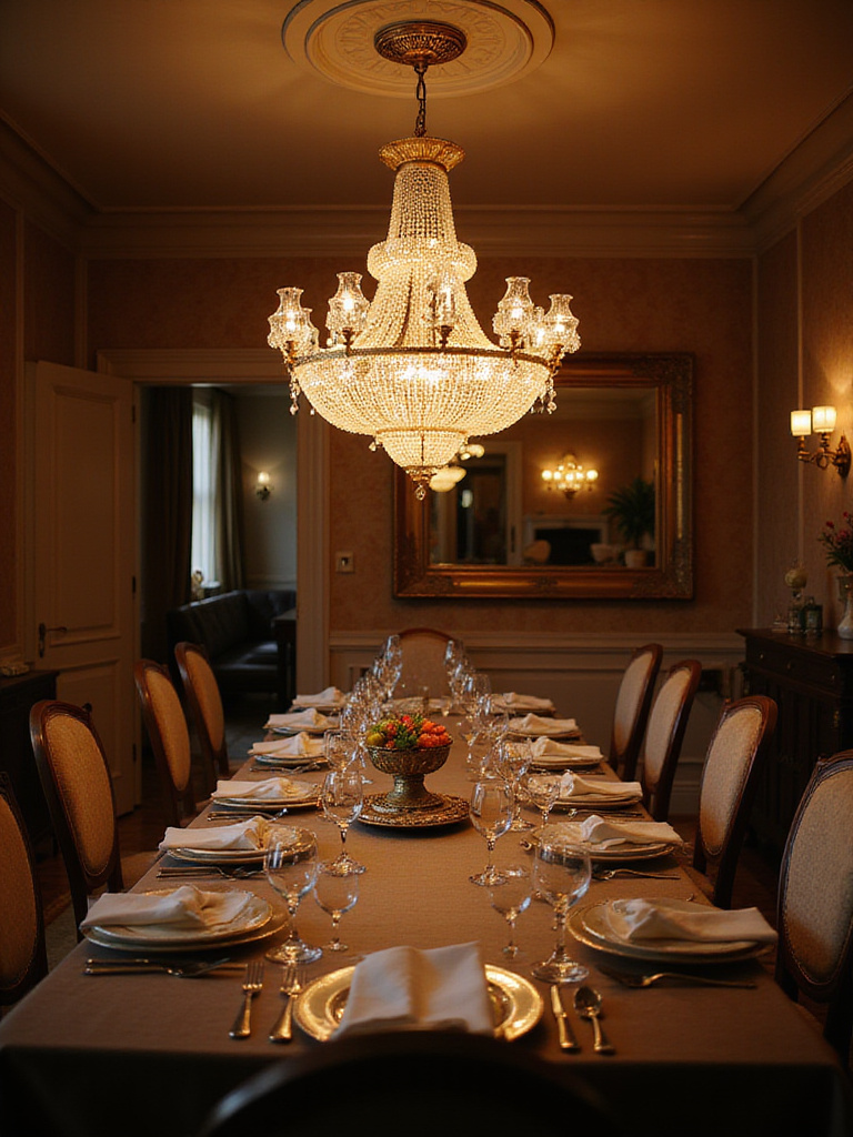 Luxurious dining room with chandelier and elegant table setting