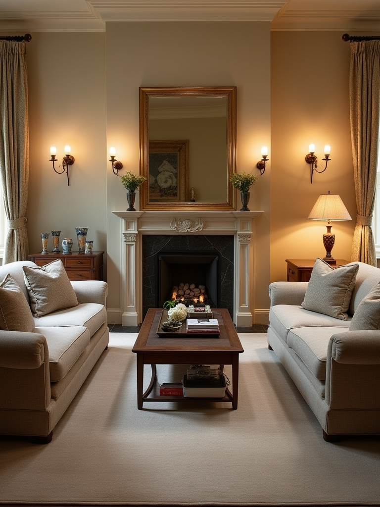 Elegant traditional living room with symmetrical furniture arrangement