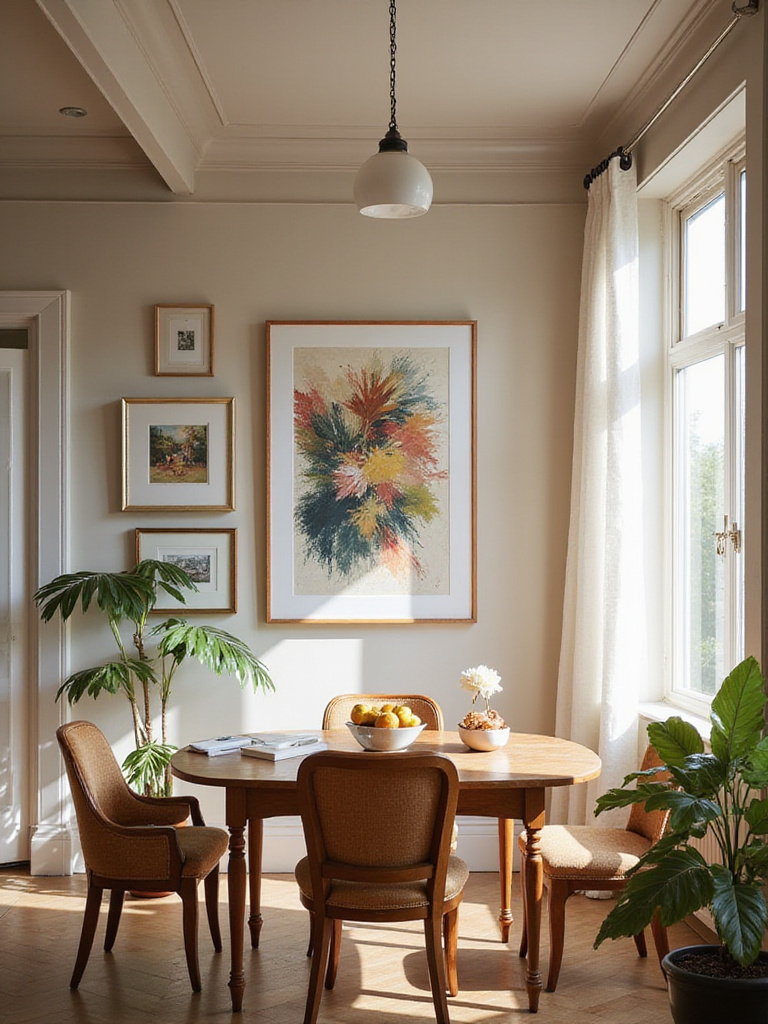 Dining room wall decor featuring a large abstract painting and smaller art pieces, showcasing scale and proportion.