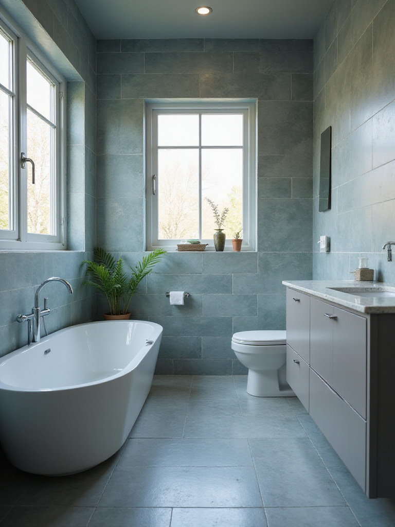Modern bathroom featuring gray walls with blue and green undertones, elegant fixtures, and natural lighting.