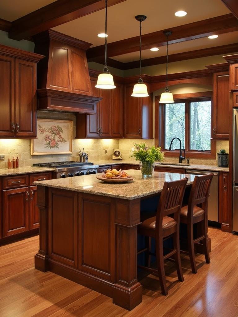 Rustic kitchen with a seamlessly integrated kitchen island, showcasing warm wood tones and cohesive decor.