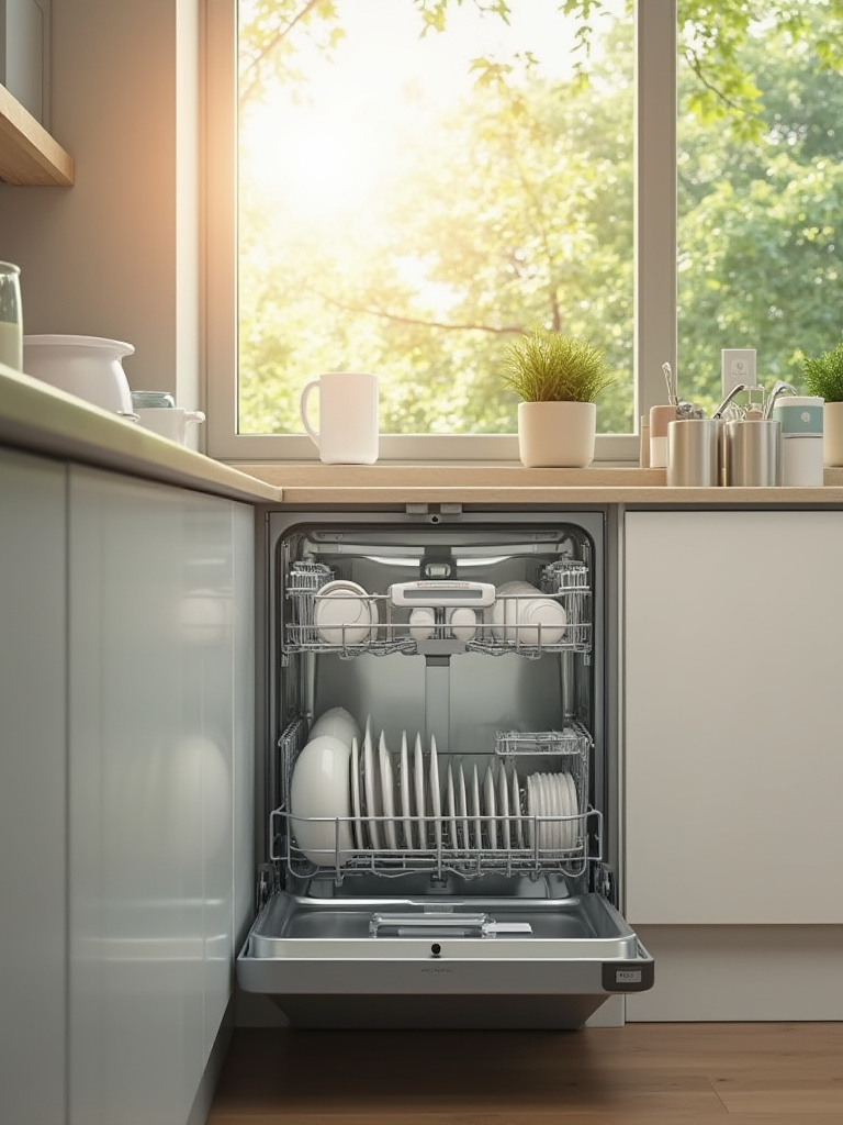 Modern kitchen with a fully loaded dishwasher showcasing eco-friendly practices.