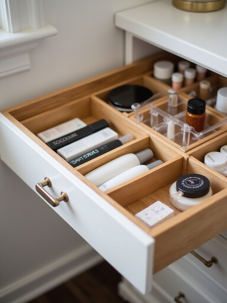 Organized bathroom vanity drawer with custom dividers and organizers showing neatly arranged cosmetics.