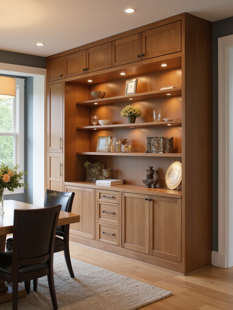 Elegant dining room with custom built-in cabinetry showcasing decorative items.
