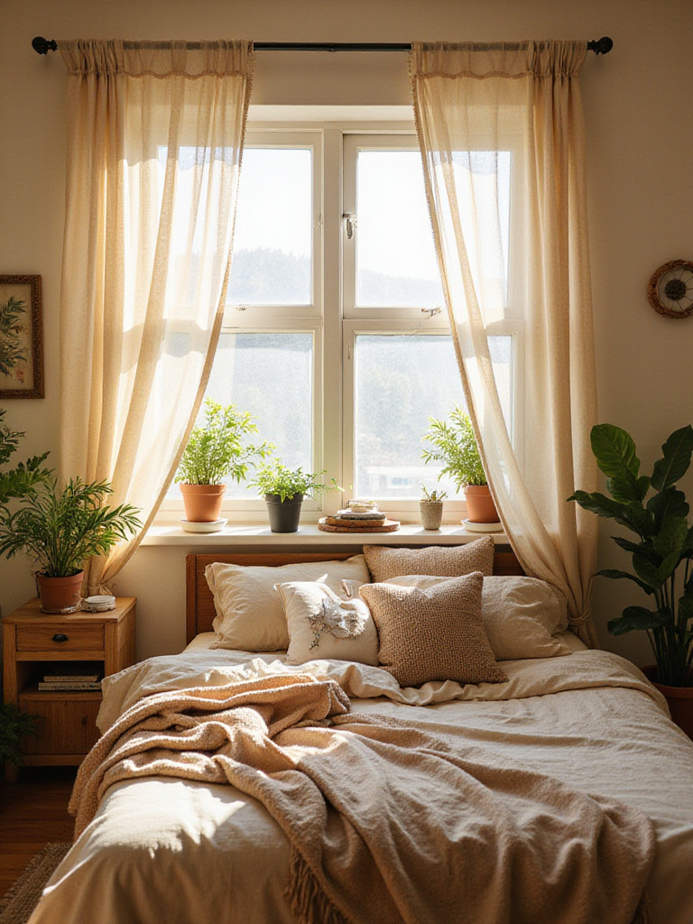 A bright and airy boho bedroom with sheer curtains allowing natural light to fill the space.