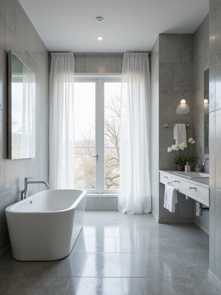 A bright gray bathroom maximizing natural light with large windows and reflective surfaces.