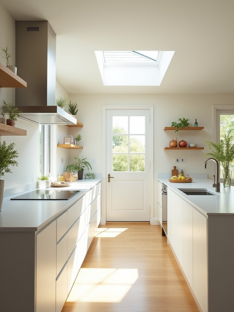 Bright kitchen with large windows and skylights maximizing natural light