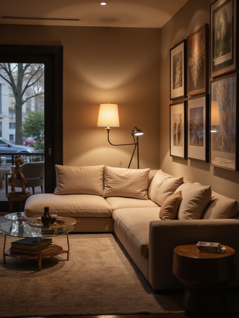 Contemporary living room with layered ambient, task, and accent lighting