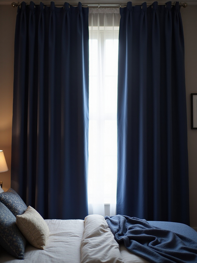 Cozy bedroom with floor-length blackout curtains closed, enhancing privacy and darkness.