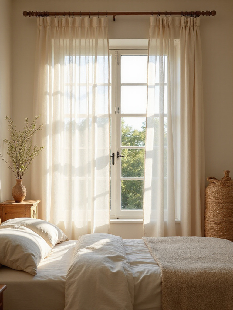 Bright bedroom with sheer curtains allowing natural light to flow in