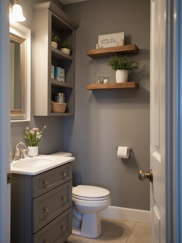A beautifully designed small gray bathroom showcasing smart storage solutions with a sleek wall-mounted vanity and floating shelves.