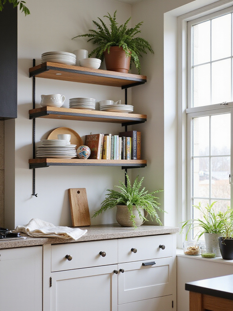 A bright contemporary kitchen with open shelving displaying curated dishware and plants.
