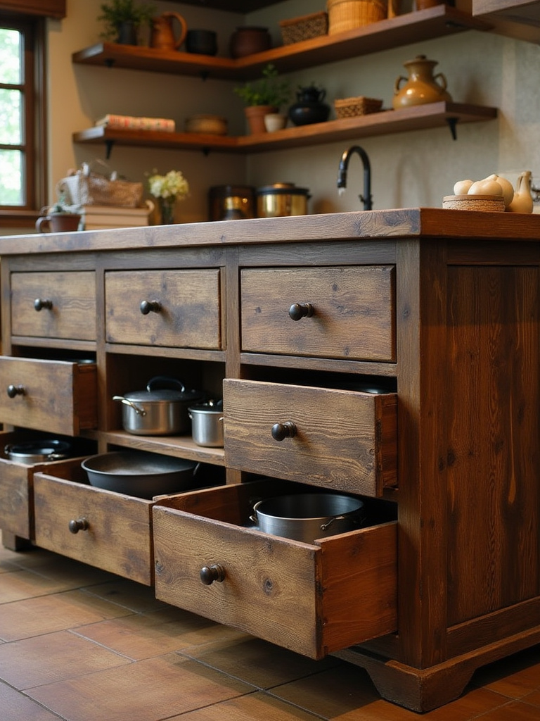 Rustic kitchen island with drawers and open shelving showcasing decor and storage.