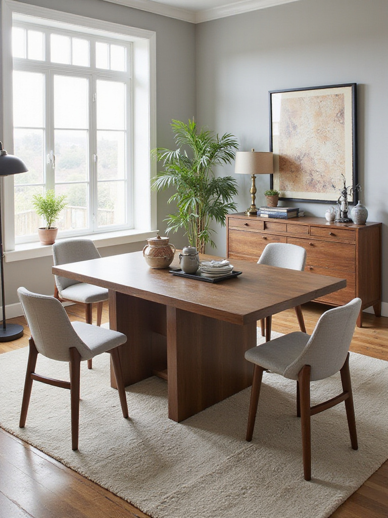 Modern dining room with convertible dining table featuring storage options