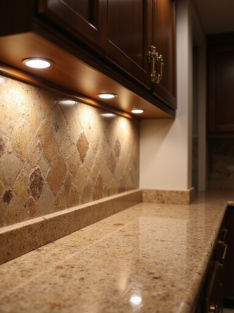 Luxury kitchen tiles illuminated by strategic lighting, showcasing their unique textures and colors.