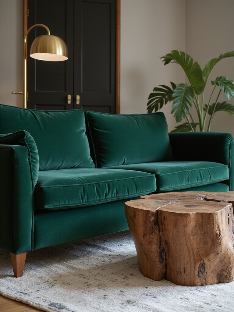 Luxurious living room with velvet sofa, walnut coffee table, and brass lamp showcasing diverse materials