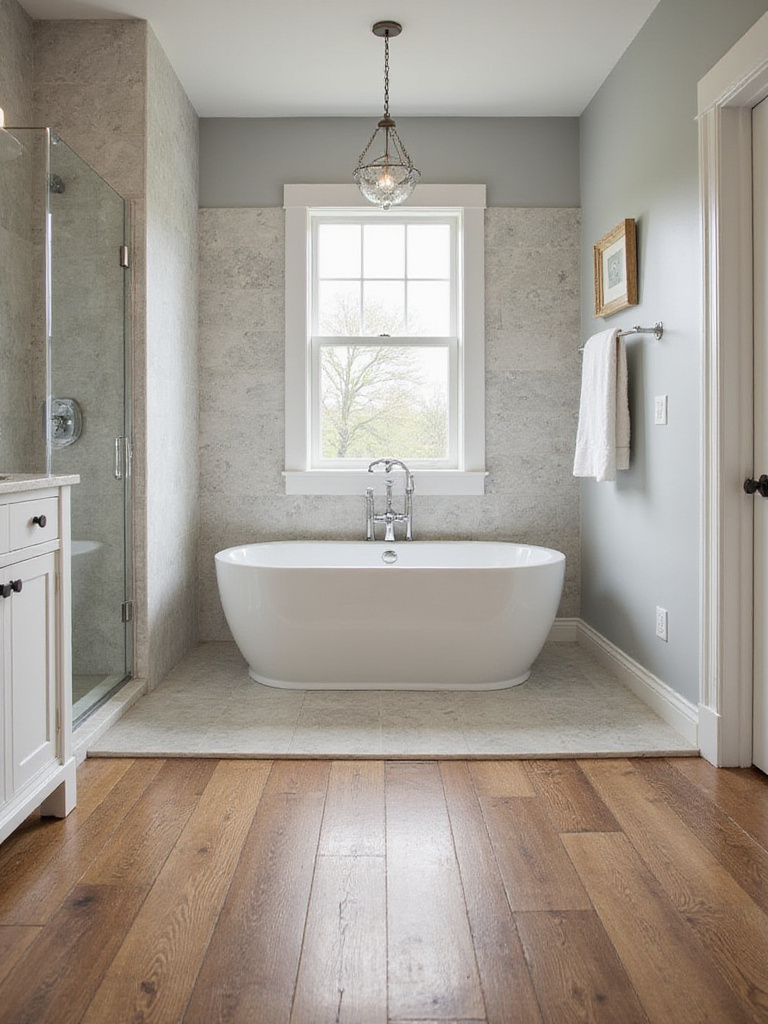 Farmhouse bathroom with a mix of wood and tile flooring showing defined zones.