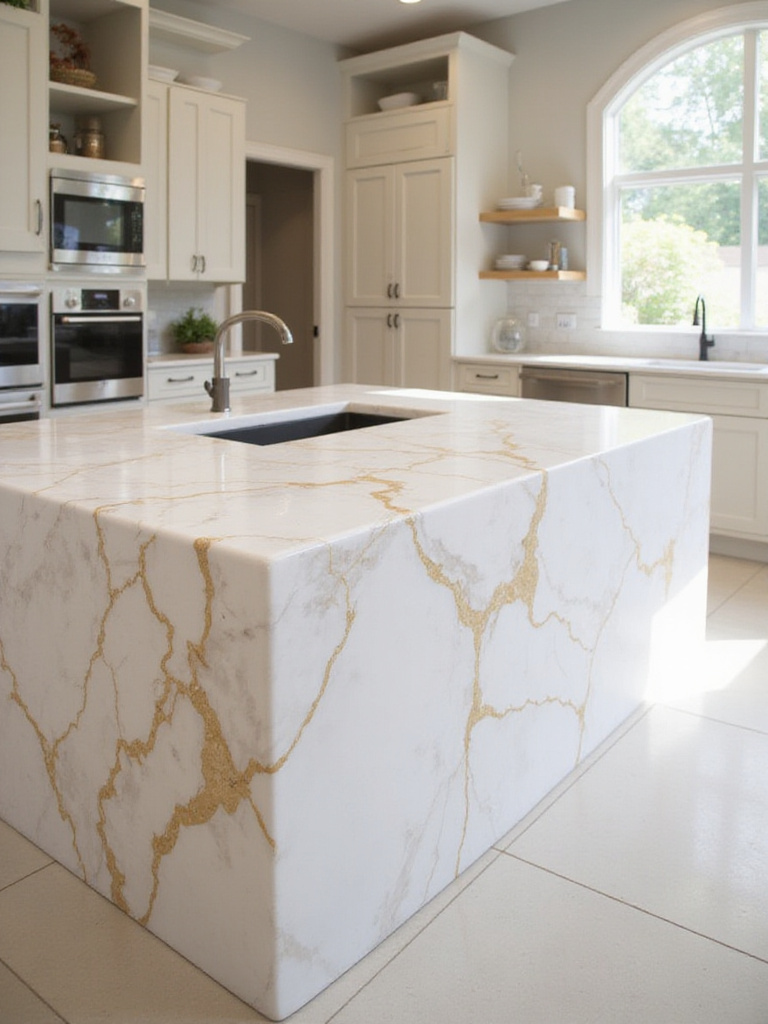 Luxurious kitchen featuring seamless Calacatta Gold Marble countertops and backsplash.