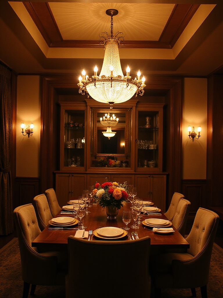 Luxurious dining room with warm lighting and elegant decor