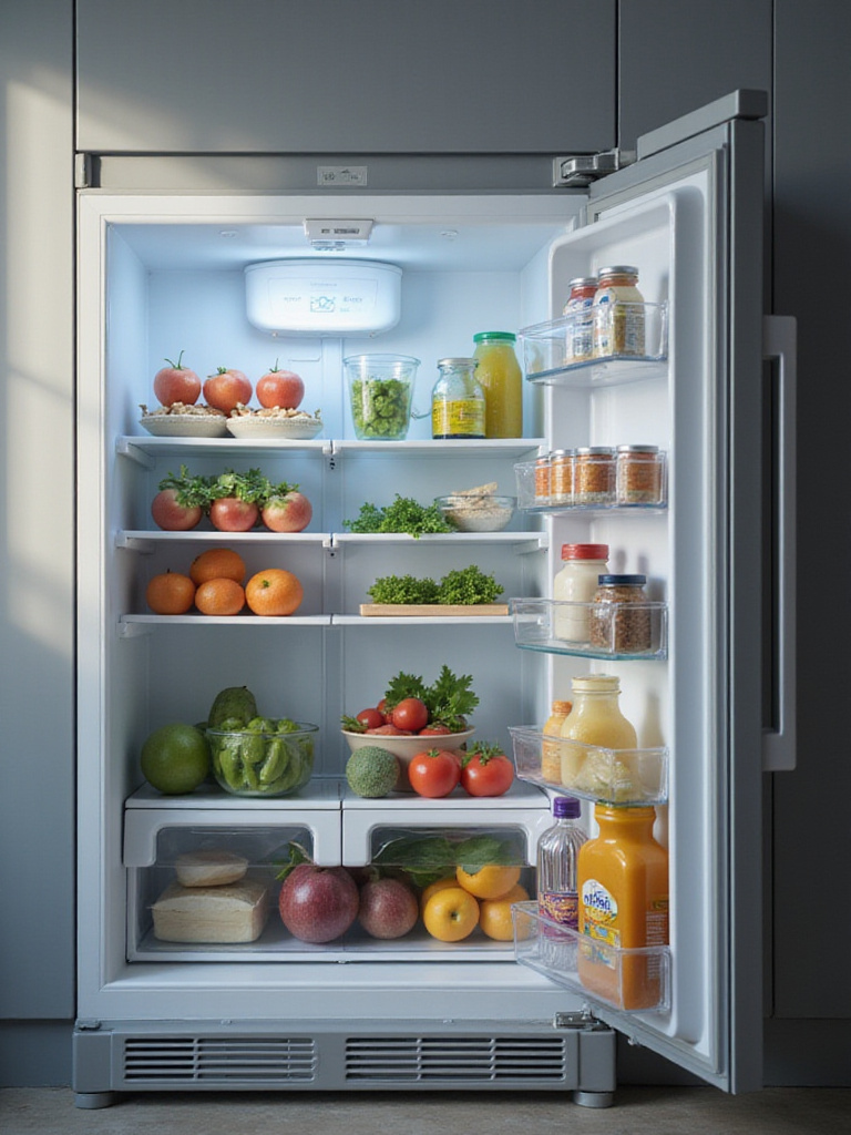 Interior view of a refrigerator set for energy efficiency, showcasing organized food and optimal temperature settings.