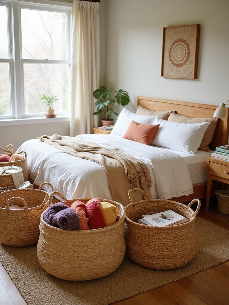 Boho bedroom with woven baskets for stylish storage solutions