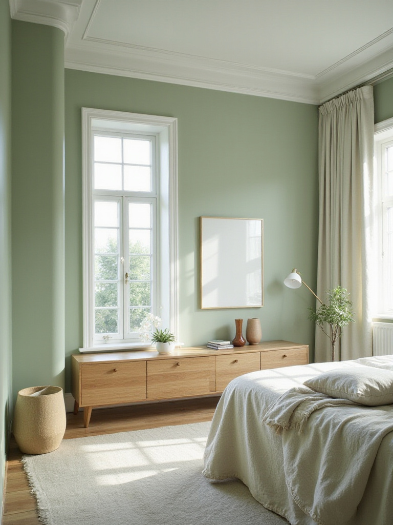 A calming bedroom with sage green walls and natural decor