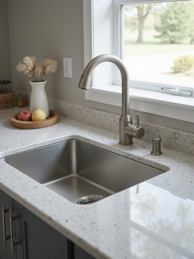 Modern kitchen with undermount sink and pull-down faucet.