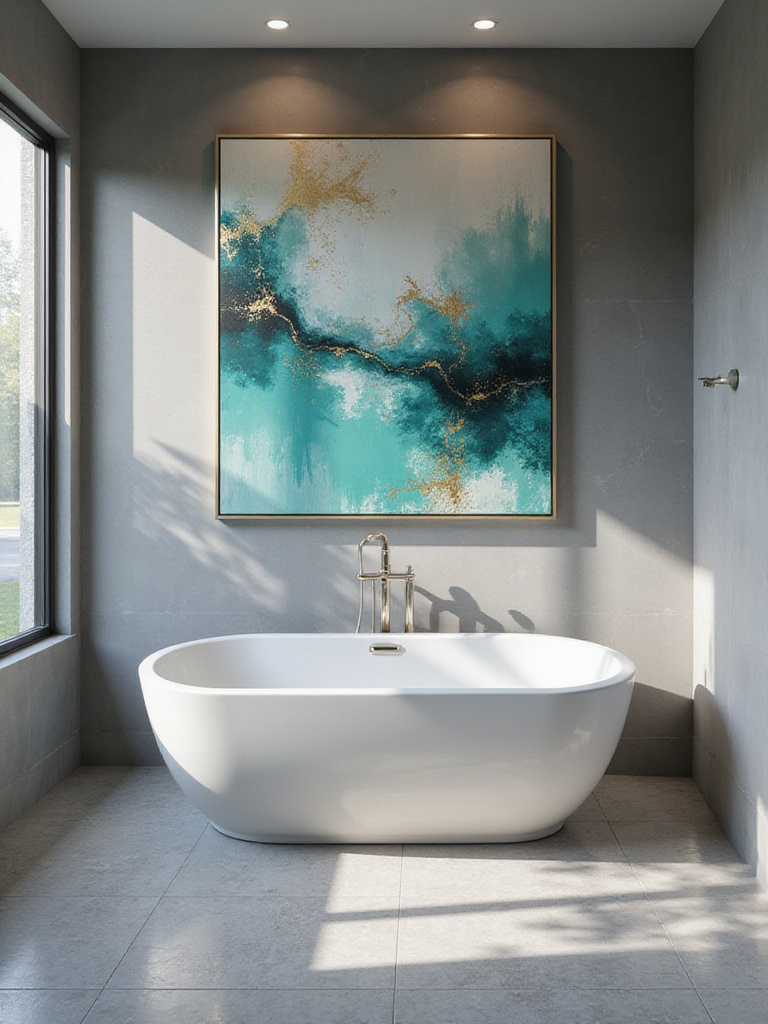 A stylish gray bathroom featuring colorful abstract artwork above a freestanding tub.