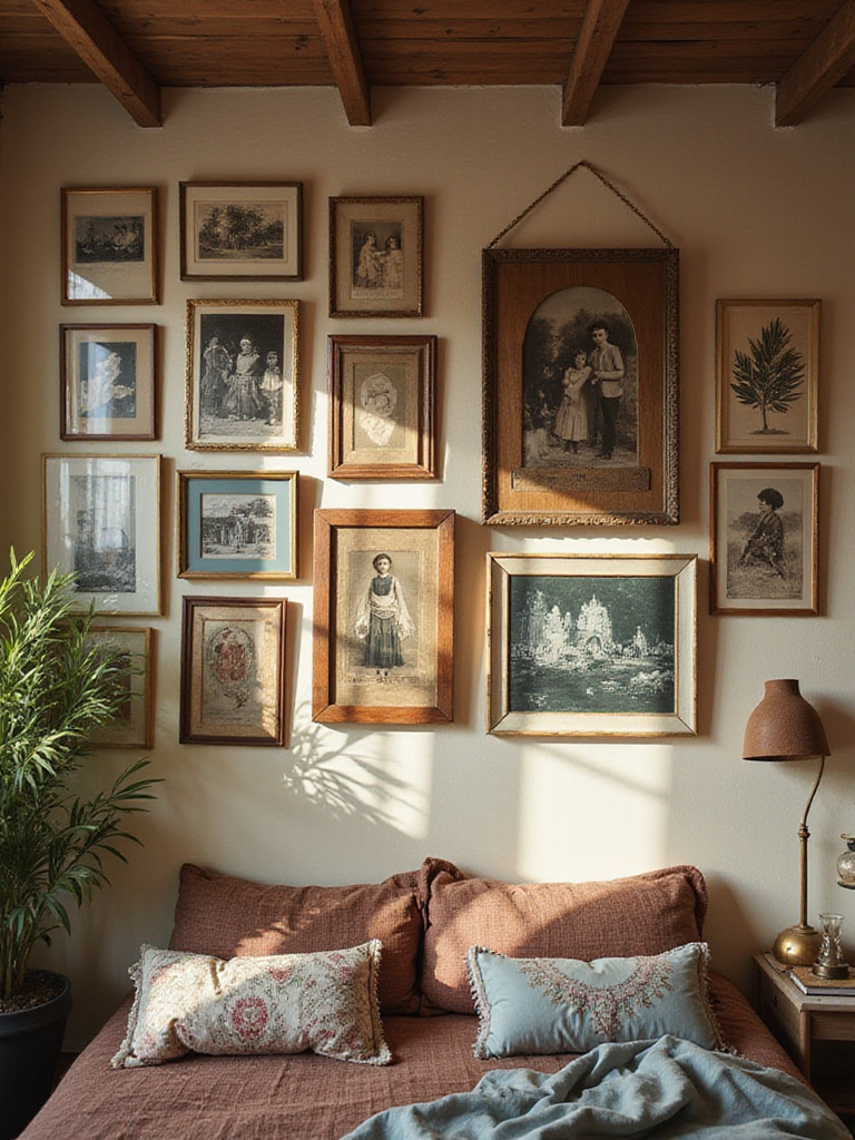 A warm boho bedroom showcasing a collection of personal mementos on the wall.