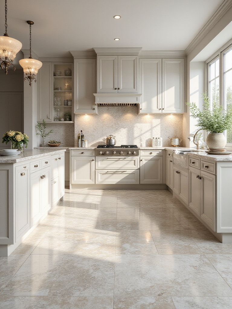 Luxurious kitchen with pristine high-gloss porcelain and natural stone tiles, illuminated by natural light.