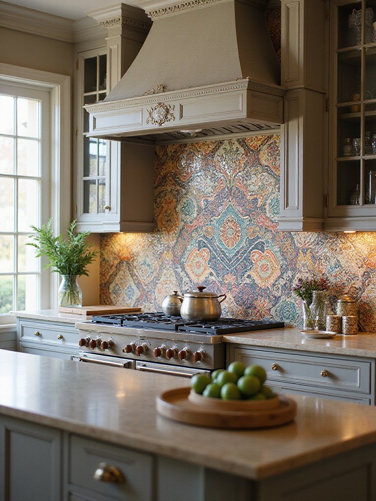 Luxurious kitchen with hand-painted ceramic backsplash