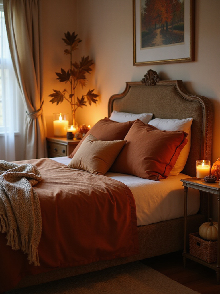 Cozy bedroom with seasonal accents for autumn