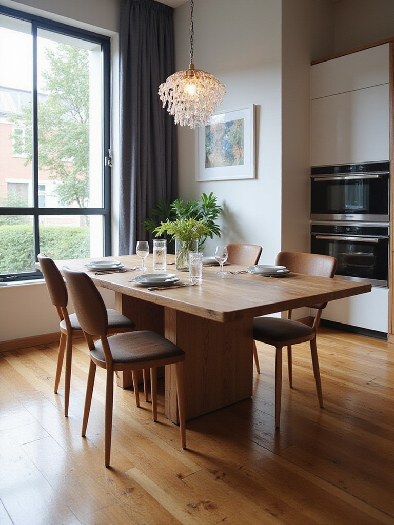 Modern dining room with a stylish dining table, elegantly set for dinner, showcasing a well-lit and inviting atmosphere.