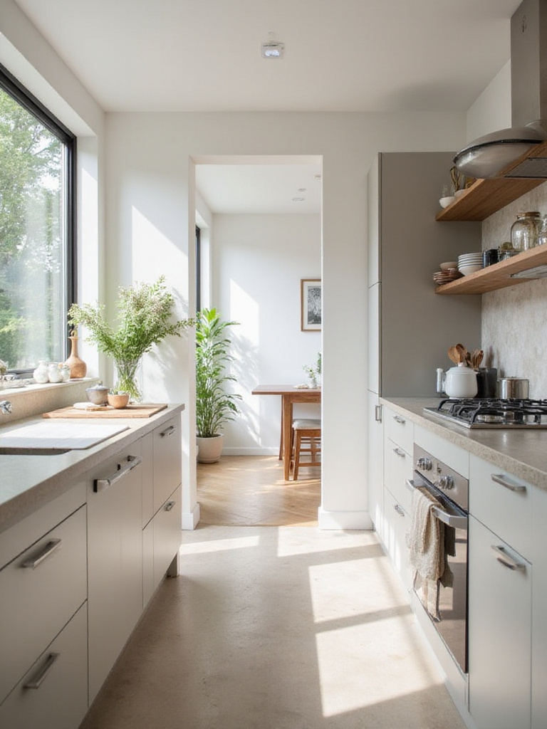 Contemporary kitchen with clean countertops and organized open shelving