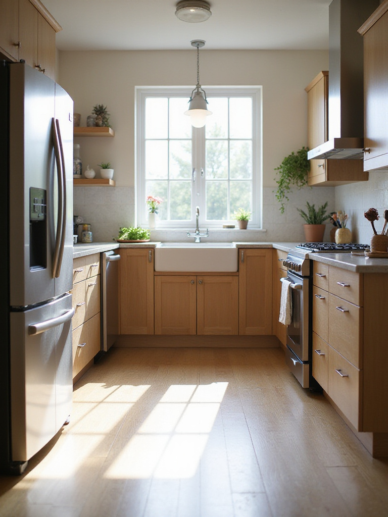 Modern kitchen with energy-efficient appliances bathed in natural light