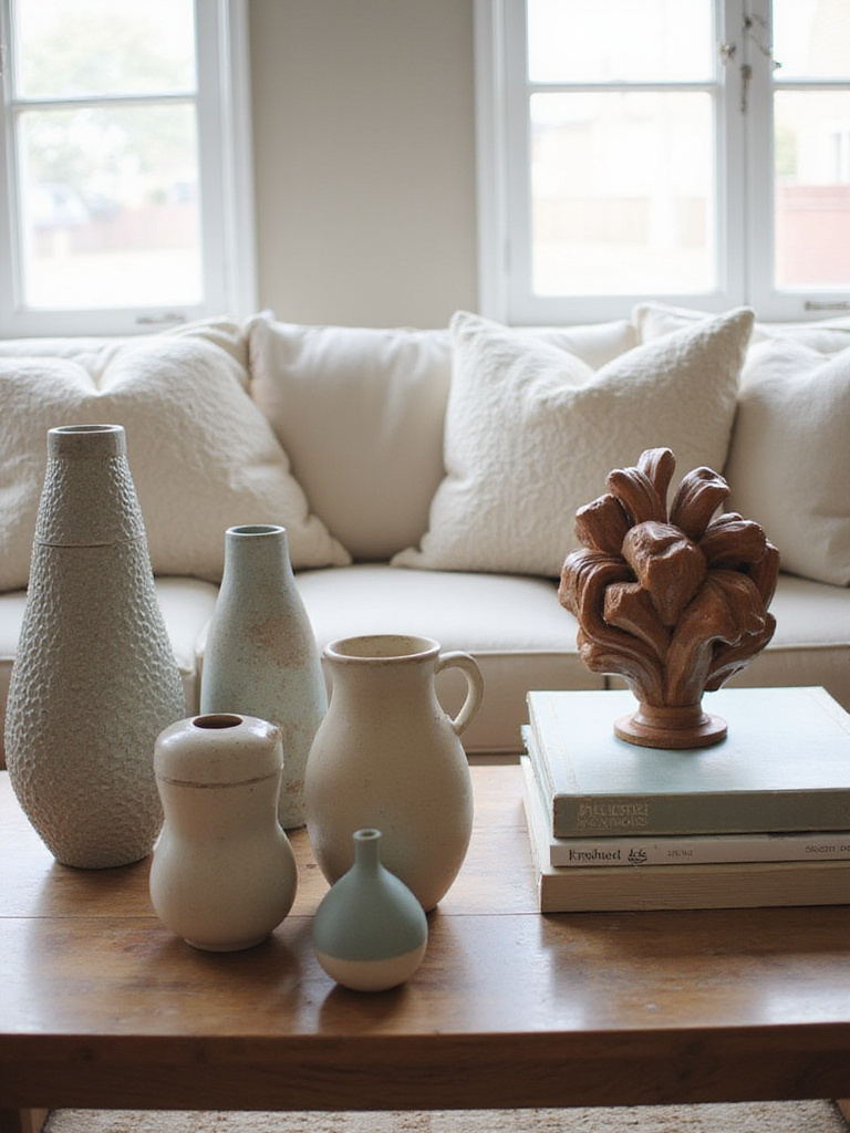 Contemporary living room with unique decorative objects on a coffee table