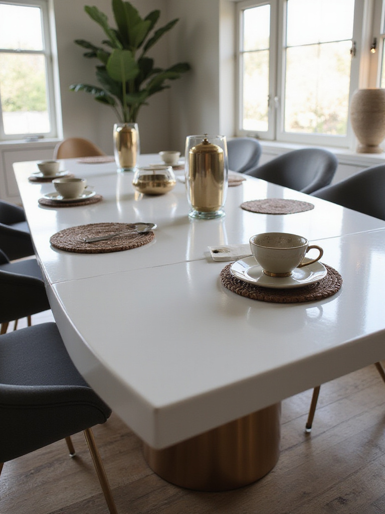 Modern dining table with coasters and placemats in a well-lit dining room