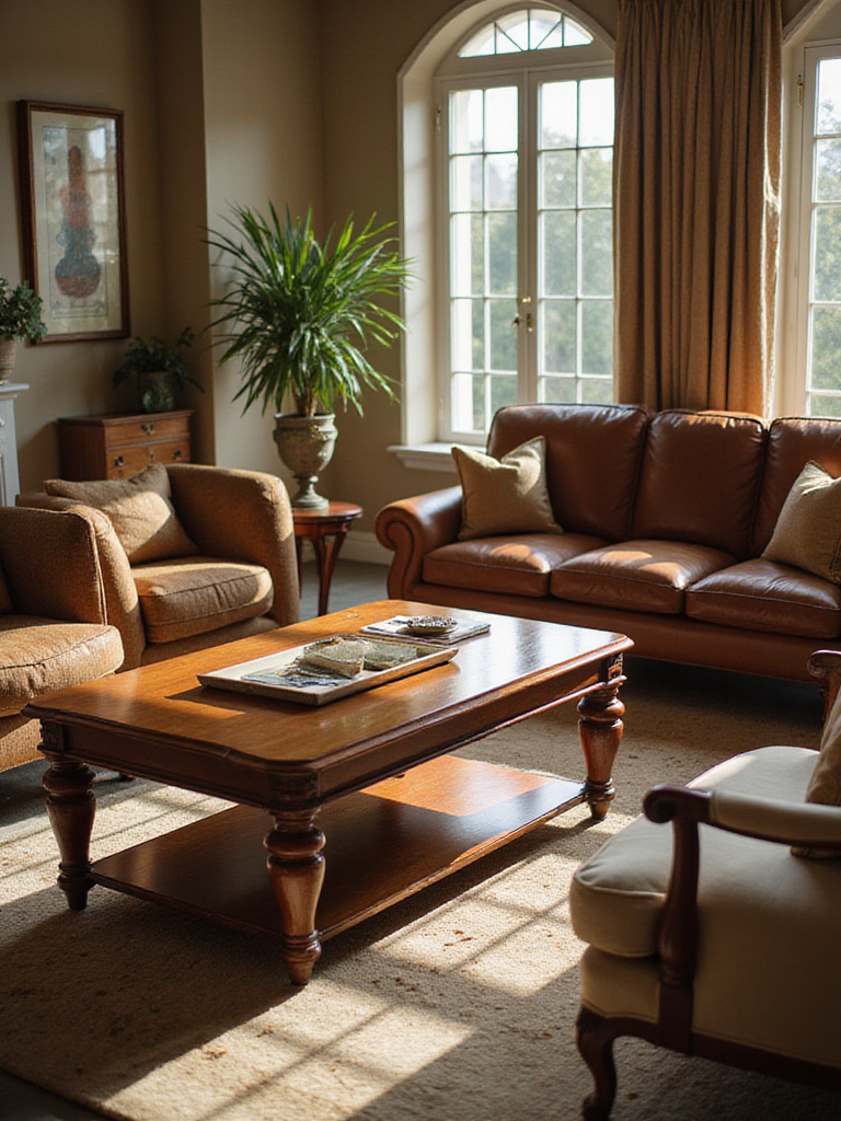 A luxurious living room with well-maintained leather furniture and elegant decor, bathed in warm sunlight.