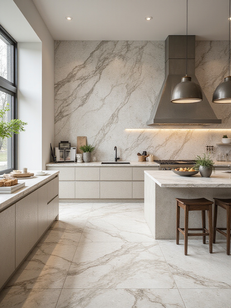 Luxurious kitchen featuring unique veining of high-end quartzite tiles