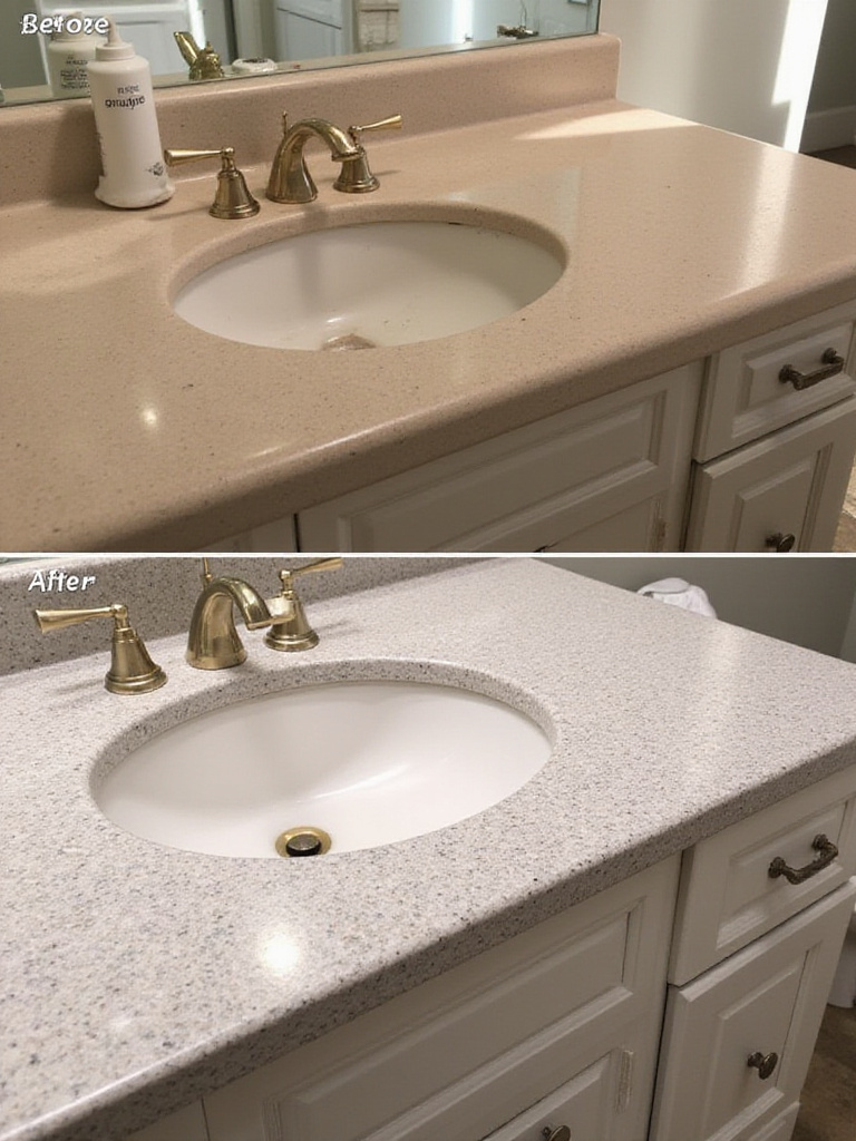 Refinished bathroom vanity countertop with faux granite finish