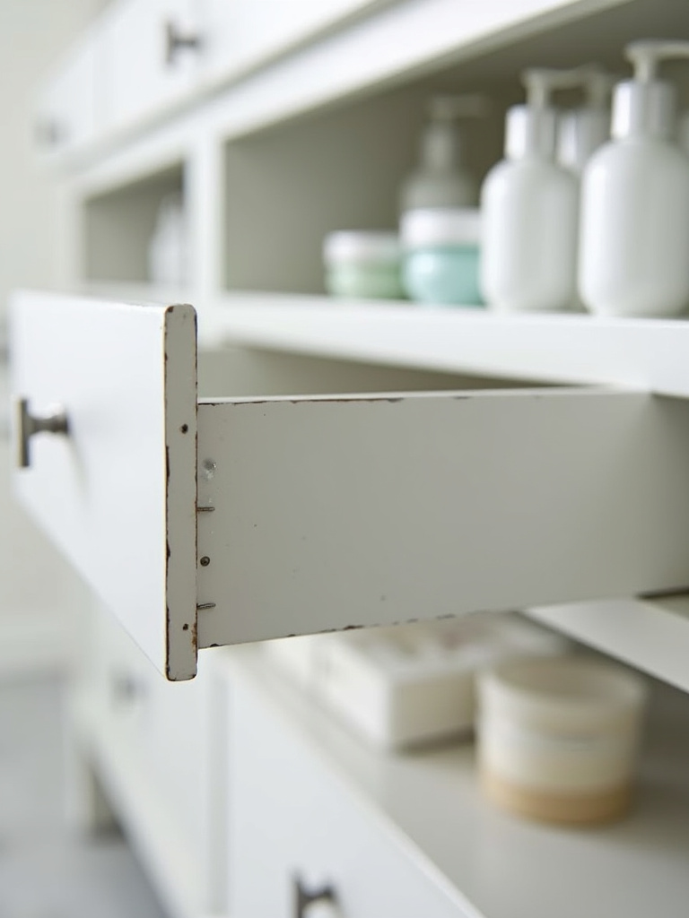 Interior of bathroom vanity cabinet showcasing fresh paint and organized items.
