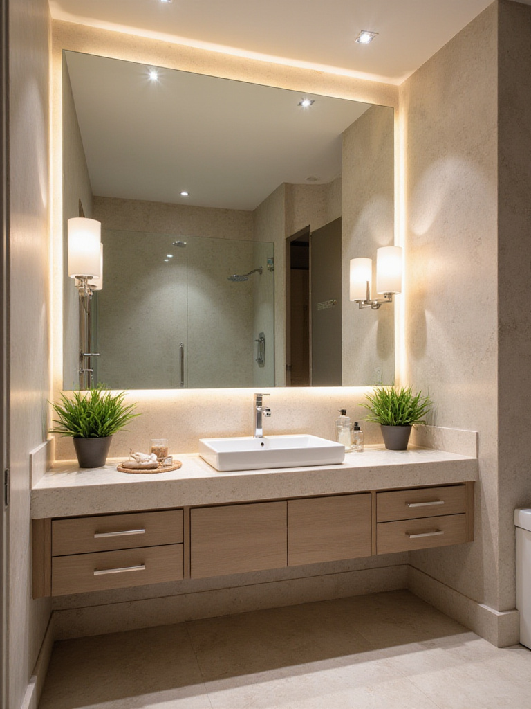 Modern bathroom with a large frameless mirror reflecting a stylish vanity and decor.