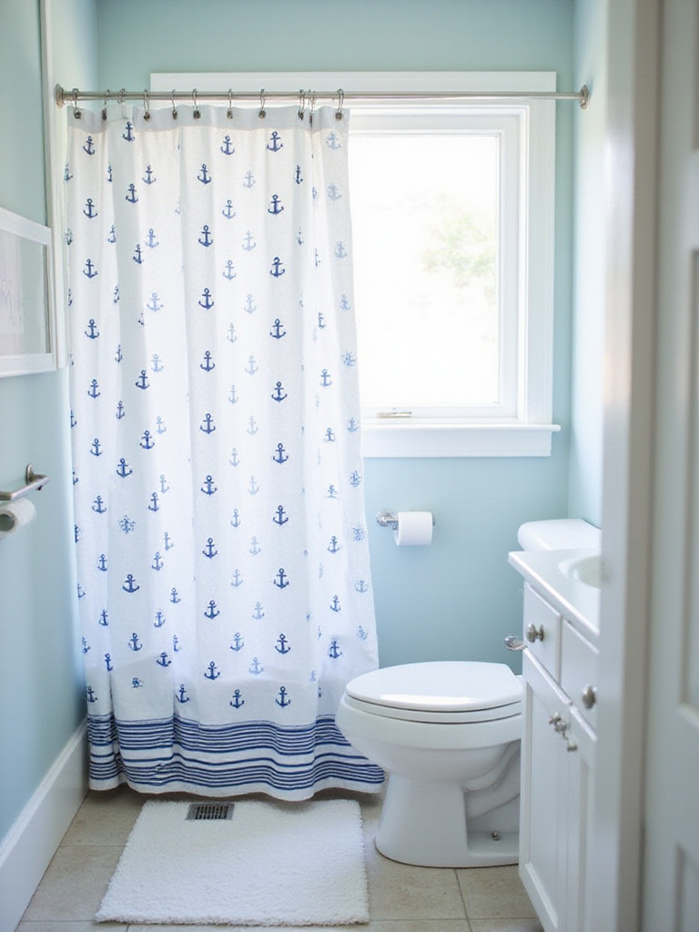 Coastal bathroom with nautical patterned shower curtain